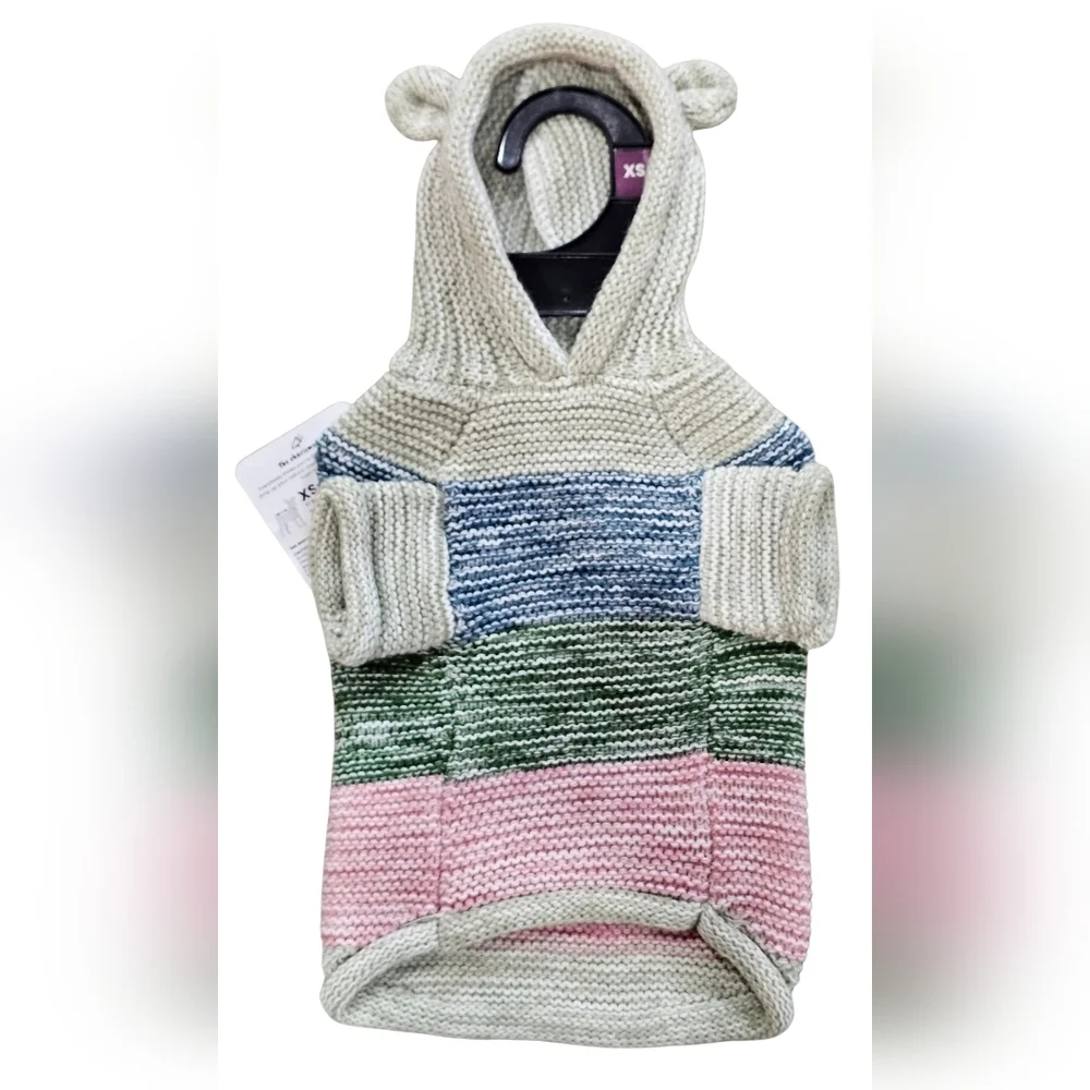 Striped Knit Pet Hoodie with Ears, Size XS, New